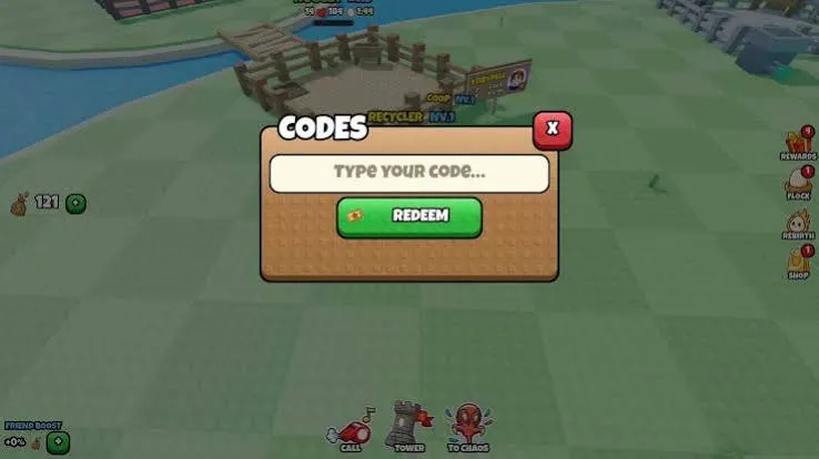 Grow a Chicken Fighter code redemption window showing the Type Your Code field and Redeem button