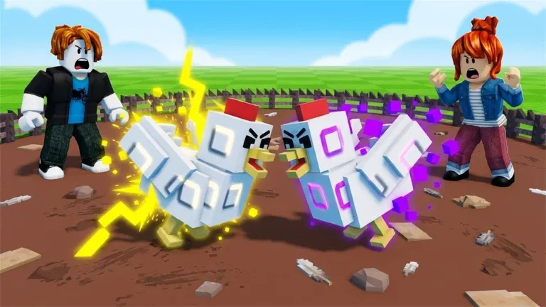 Two chickens trading blows in the PIT arena